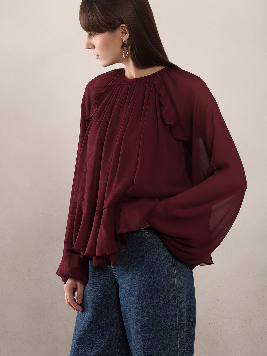 Sheer Ruffle Top - Maroon