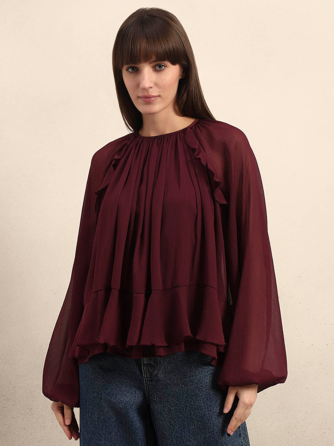 Sheer Ruffle Top - Maroon