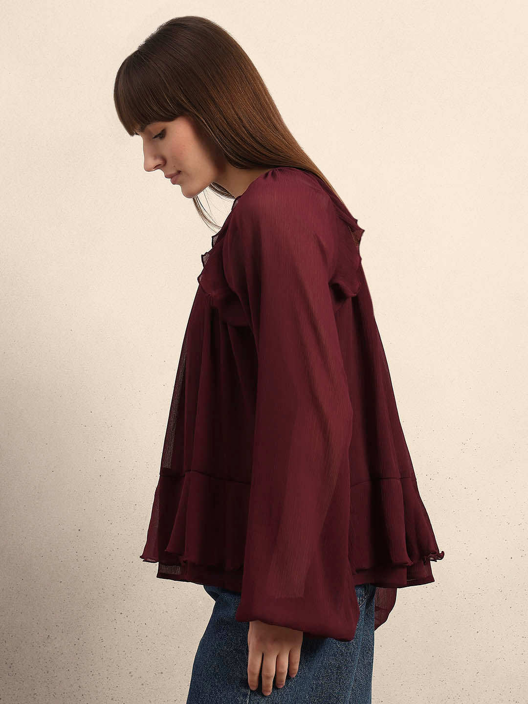 Sheer Ruffle Top - Maroon