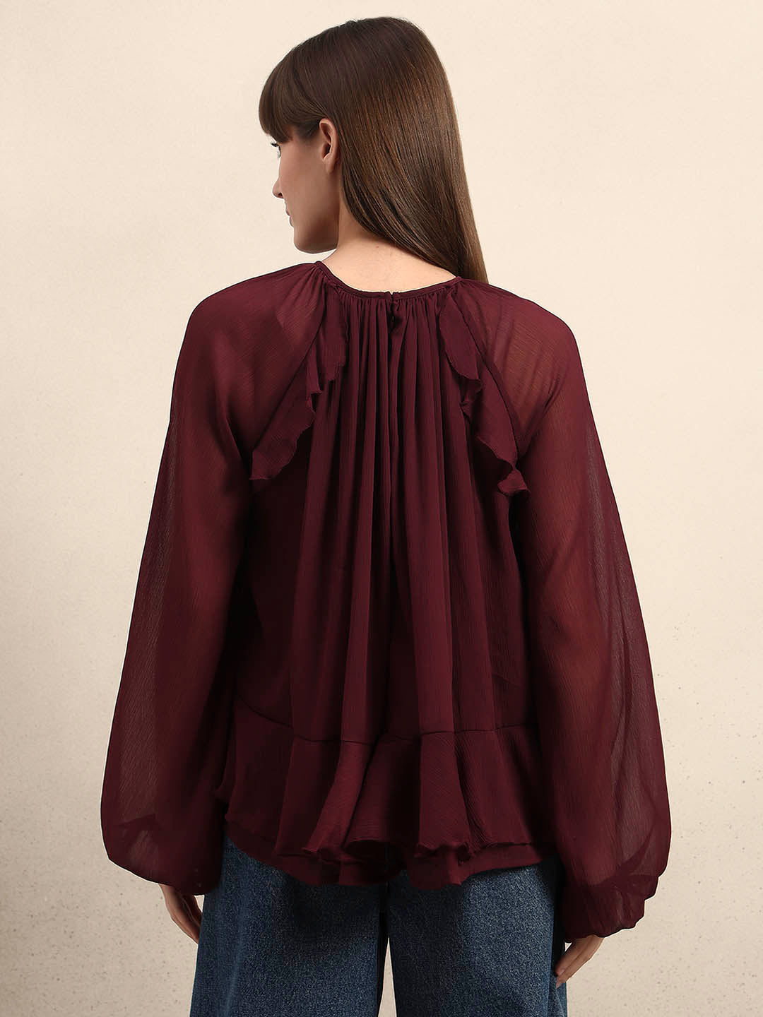 Sheer Ruffle Top - Maroon