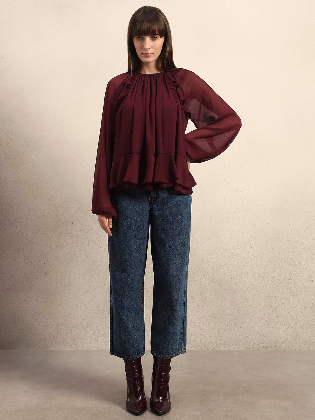 Sheer Ruffle Top - Maroon