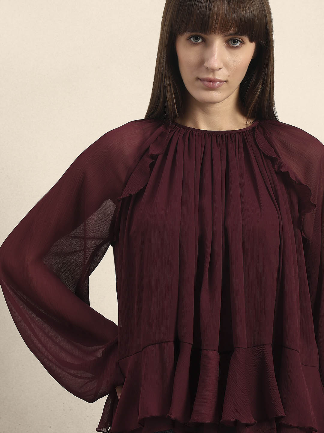 Sheer Ruffle Top - Maroon