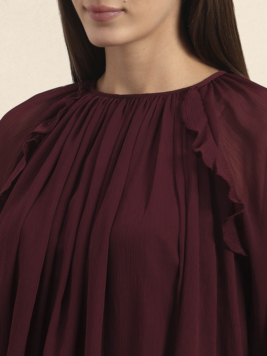 Sheer Ruffle Top - Maroon