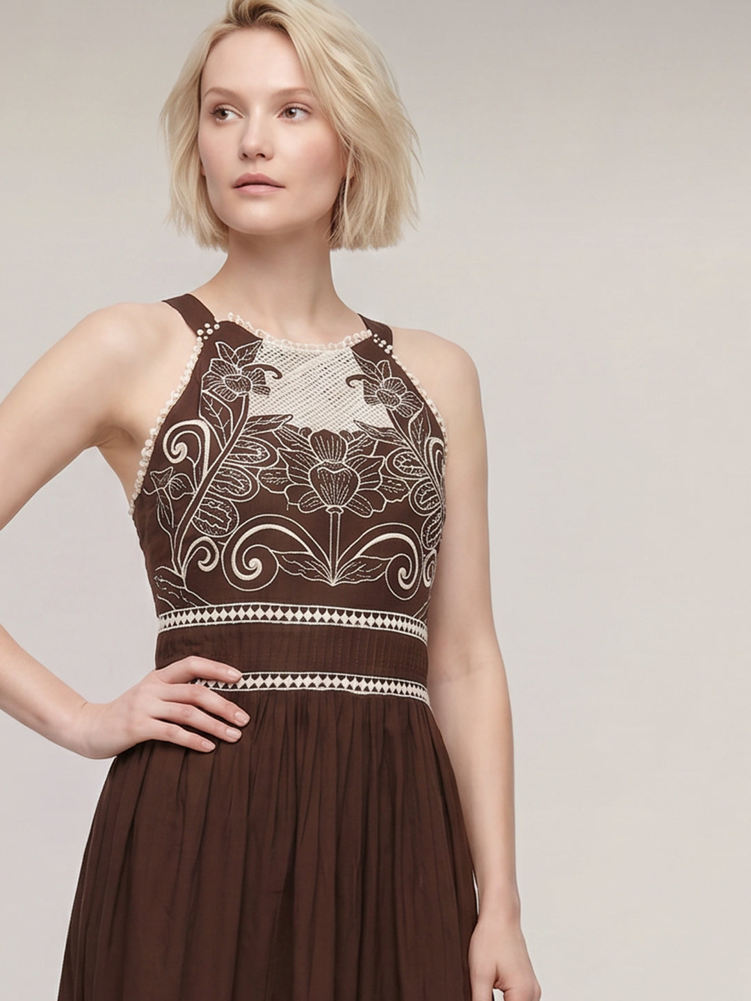 Brown Printed Cotton Maxi Dress