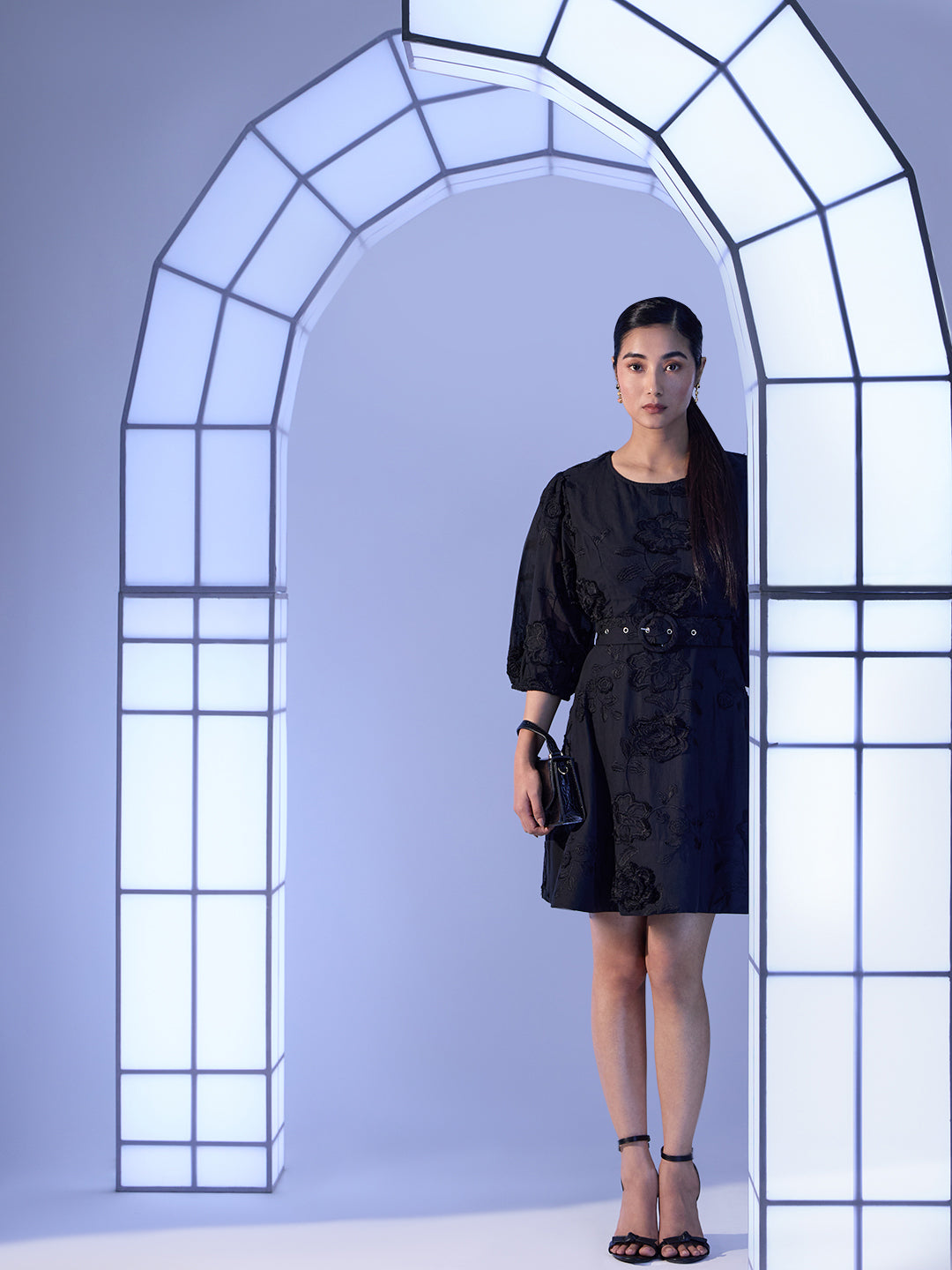 EDIT Floral Embroidered Puff Sleeves Dress