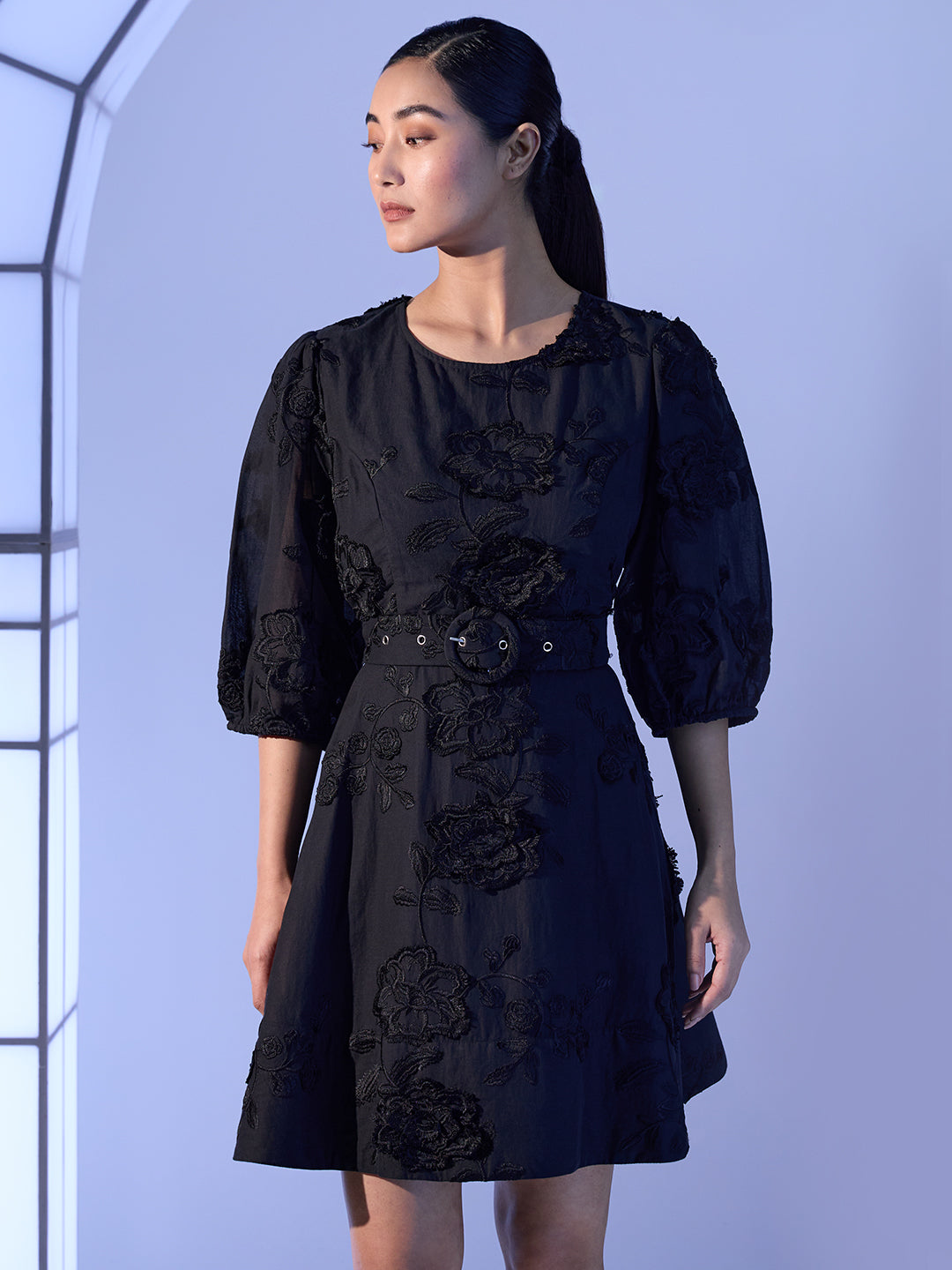 EDIT Floral Embroidered Puff Sleeves Dress