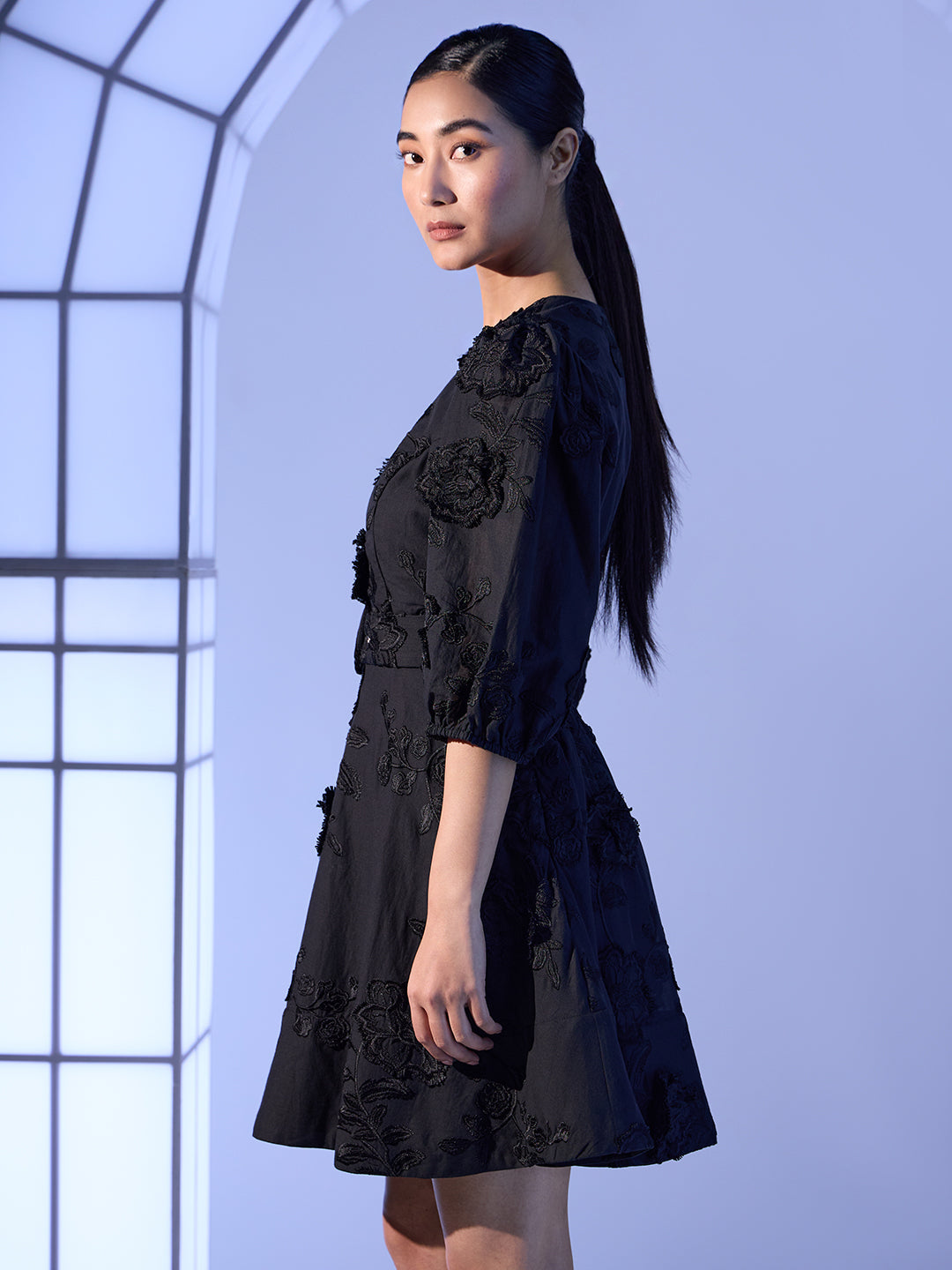 EDIT Floral Embroidered Puff Sleeves Dress