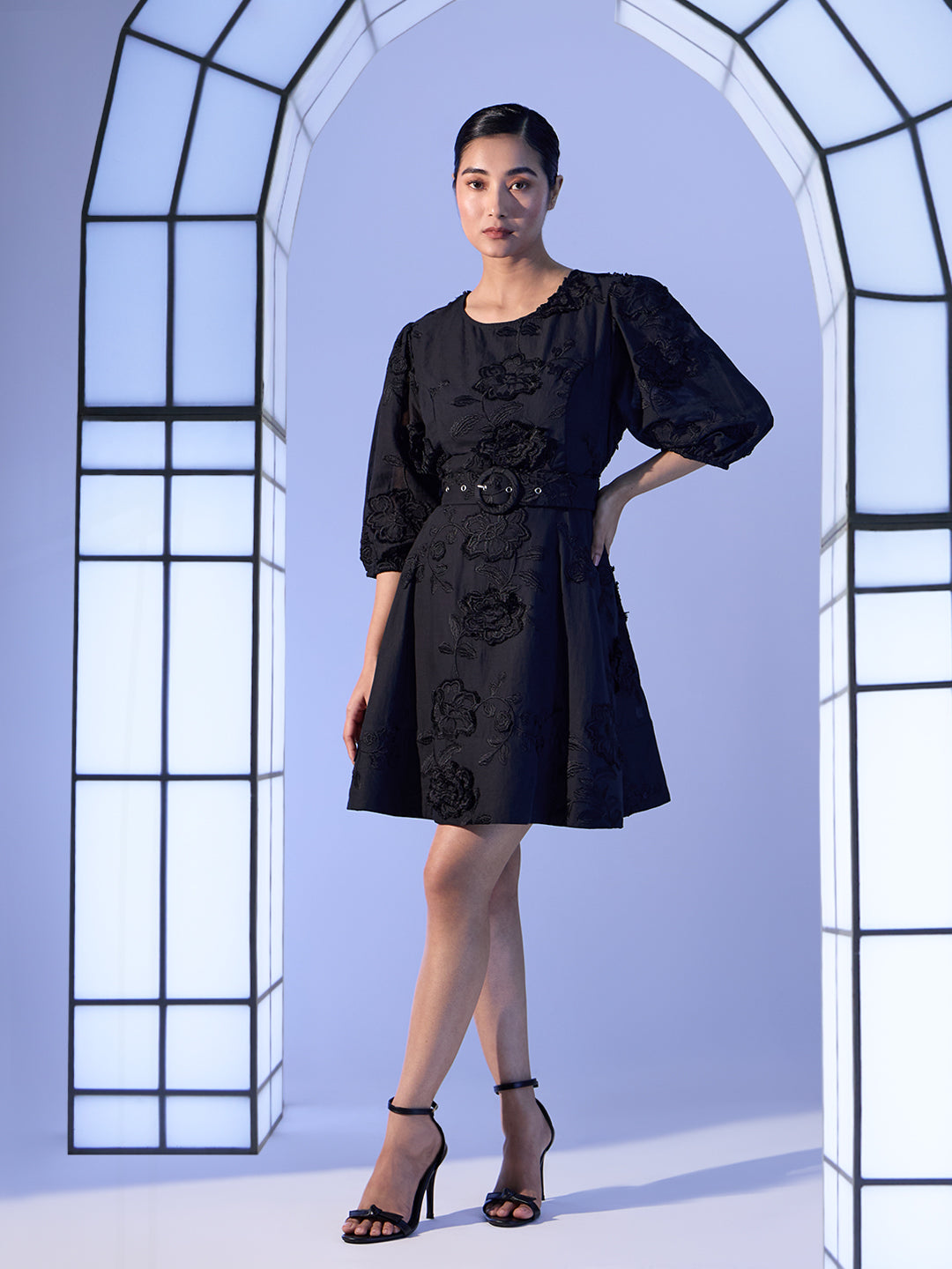 EDIT Floral Embroidered Puff Sleeves Dress