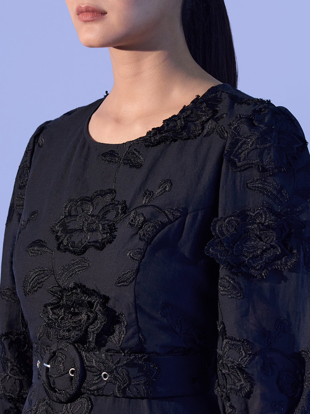 EDIT Floral Embroidered Puff Sleeves Dress