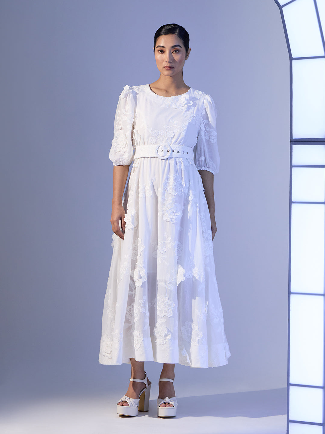 Embroidered Belted Dress