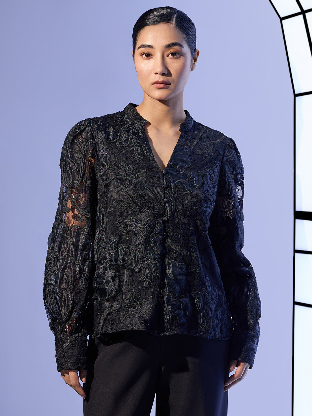 EDIT Black Sheer Embroidered Shirt