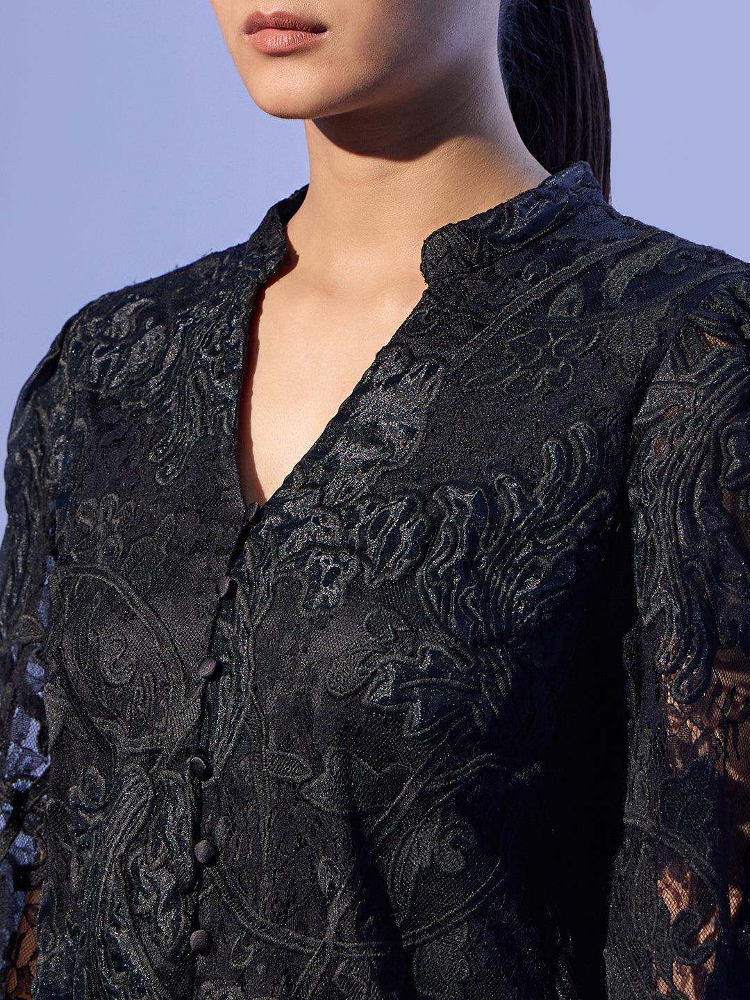 EDIT Black Sheer Embroidered Shirt
