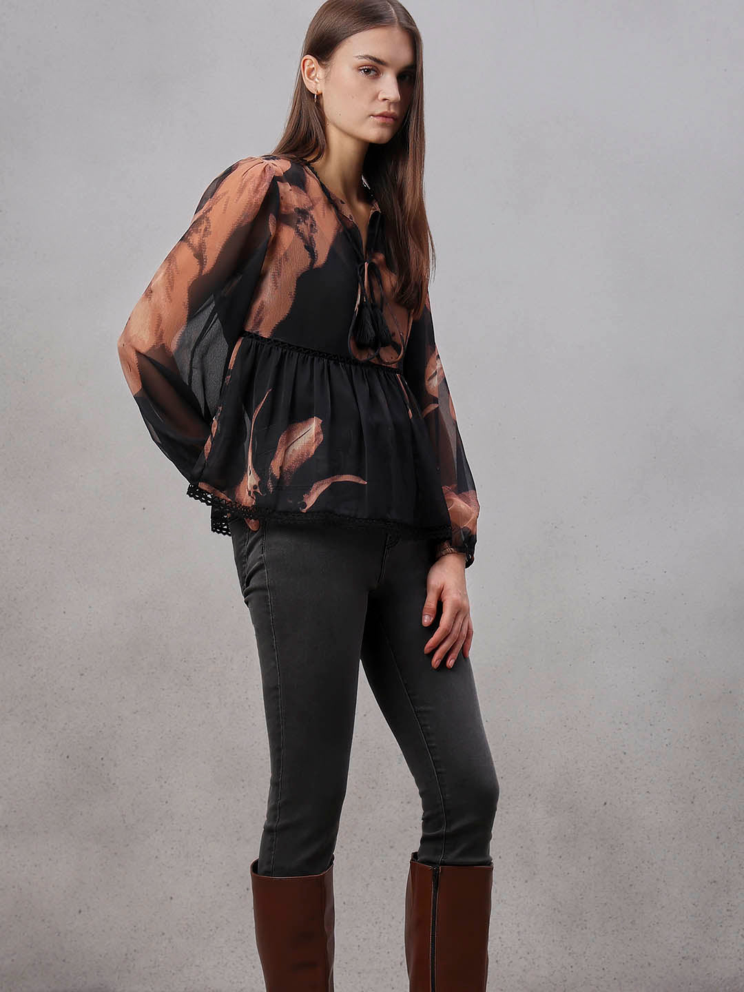 Brown & Black Chiffon Sheer Top