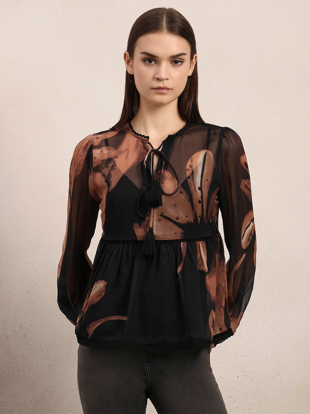 Brown & Black Chiffon Sheer Top