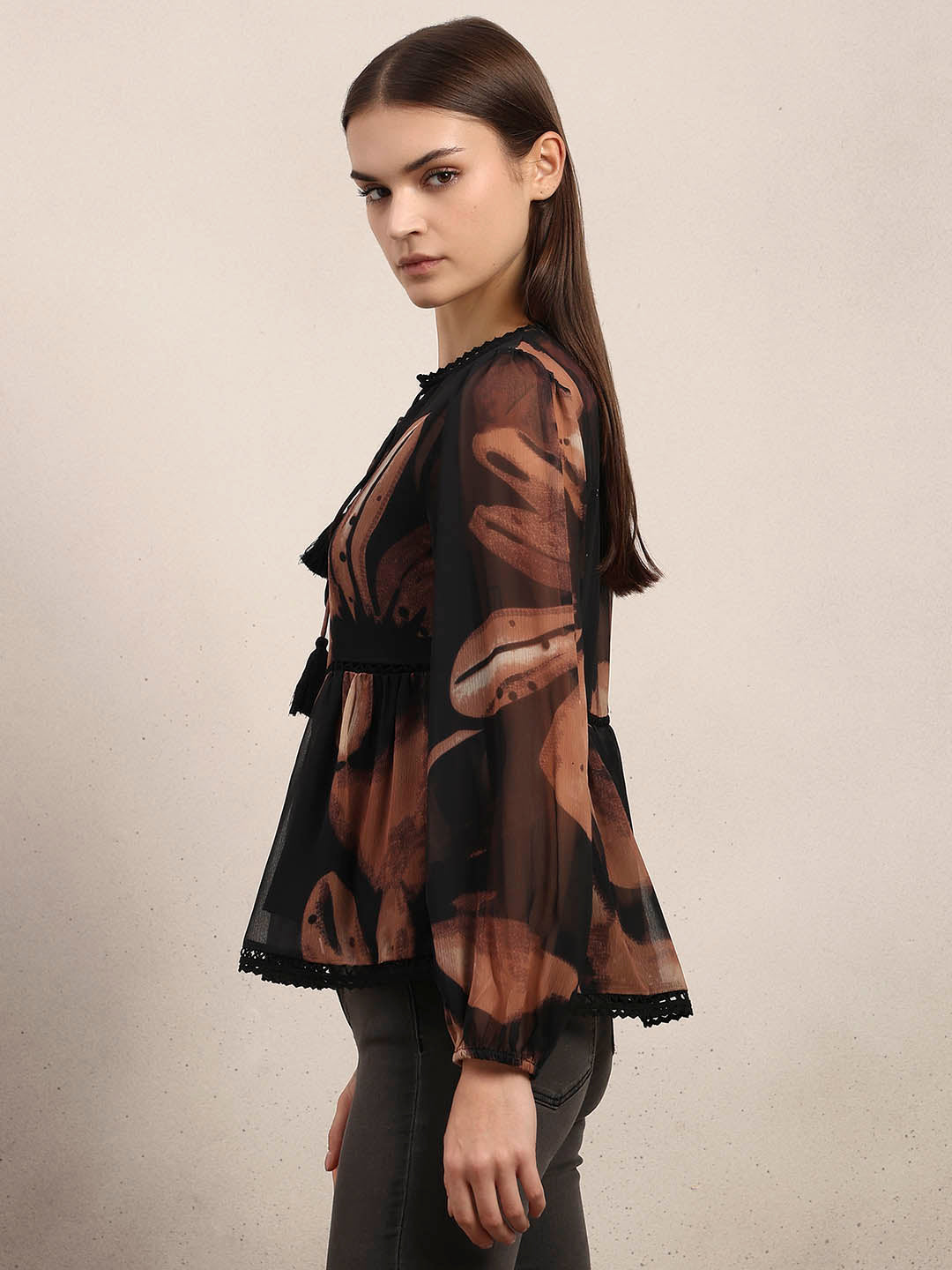 Brown & Black Chiffon Sheer Top