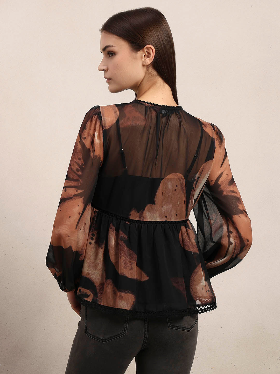 Brown & Black Chiffon Sheer Top
