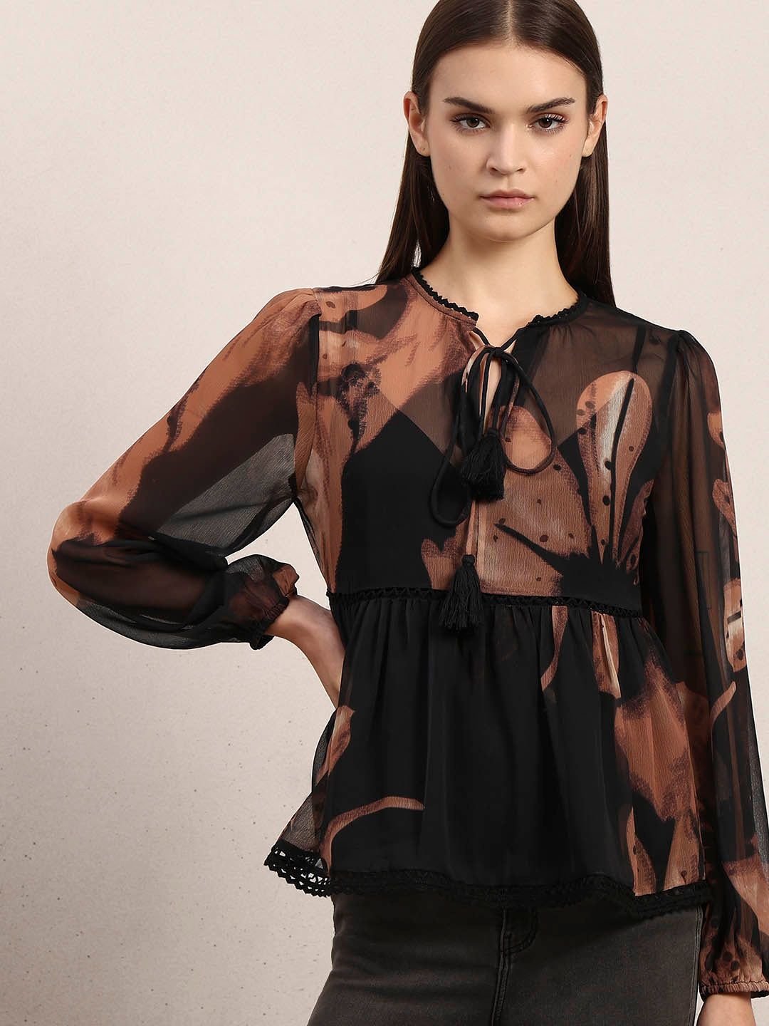 Brown & Black Chiffon Sheer Top