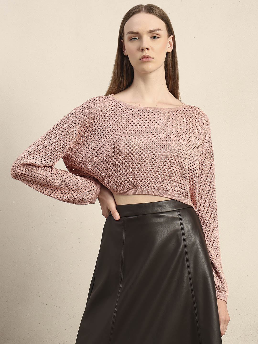 Pink Cropped Open-Knit Pullover