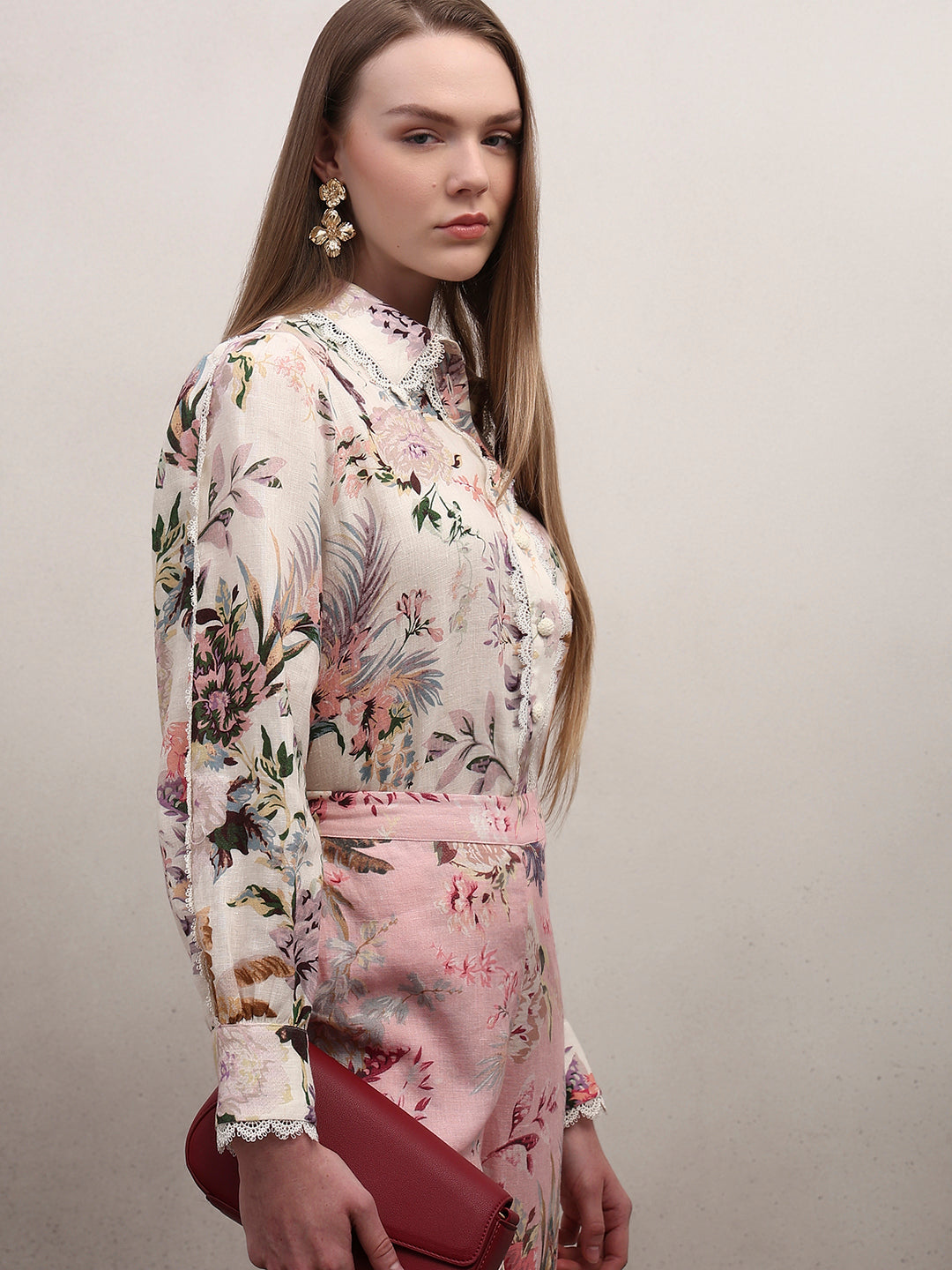 Floral Lace Trim Linen Shirt