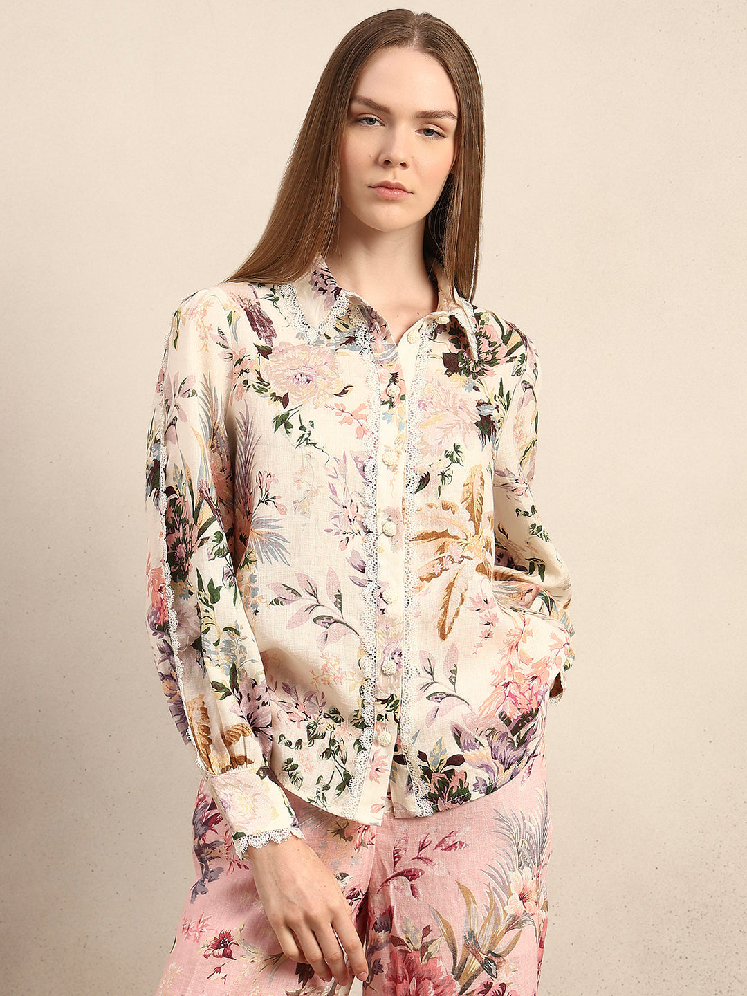 Floral Lace Trim Linen Shirt