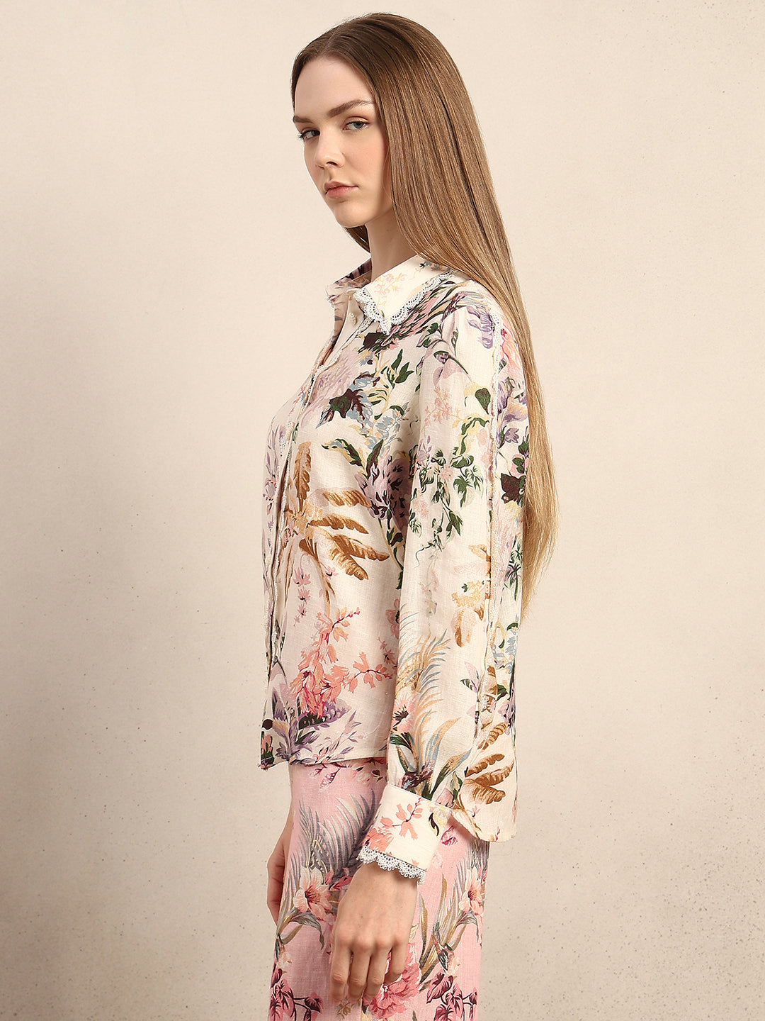 Floral Lace Trim Linen Shirt