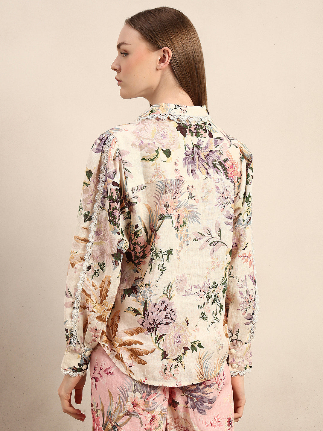 Floral Lace Trim Linen Shirt