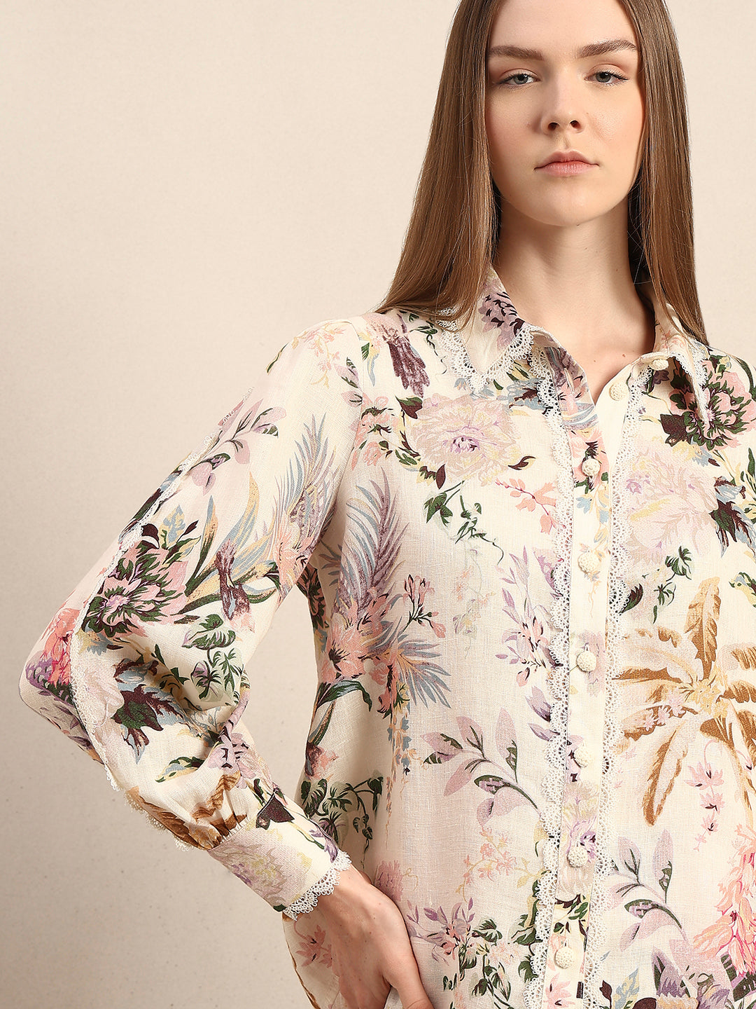 Floral Lace Trim Linen Shirt