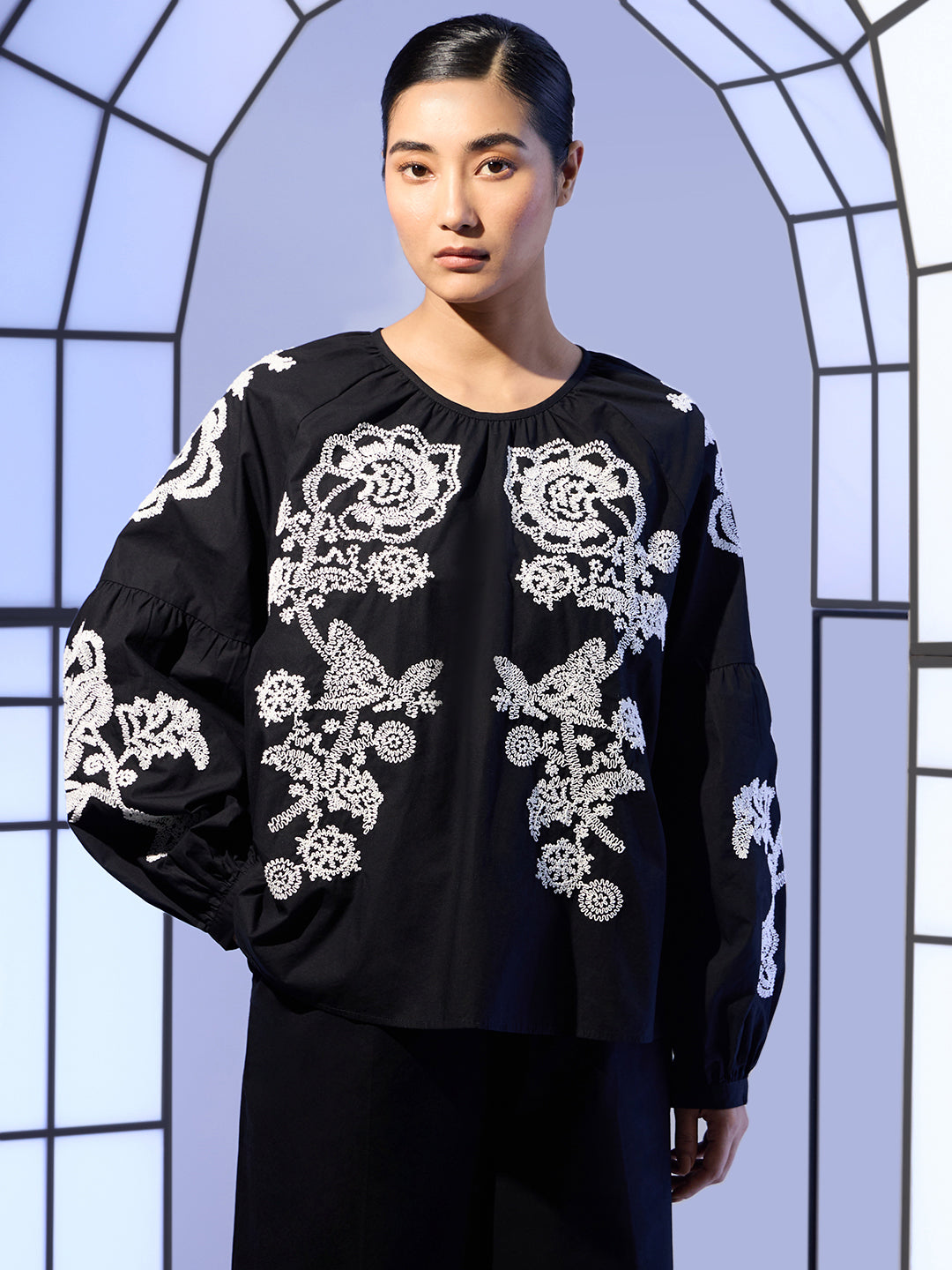 Black Embroidered Cotton Top