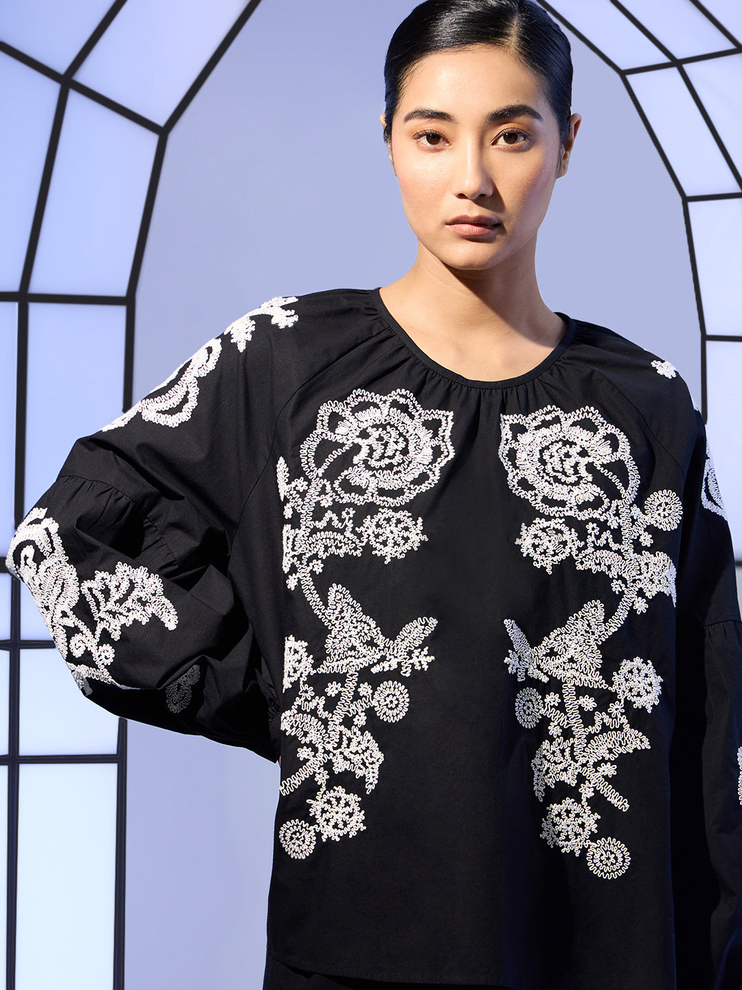 Black Embroidered Cotton Top