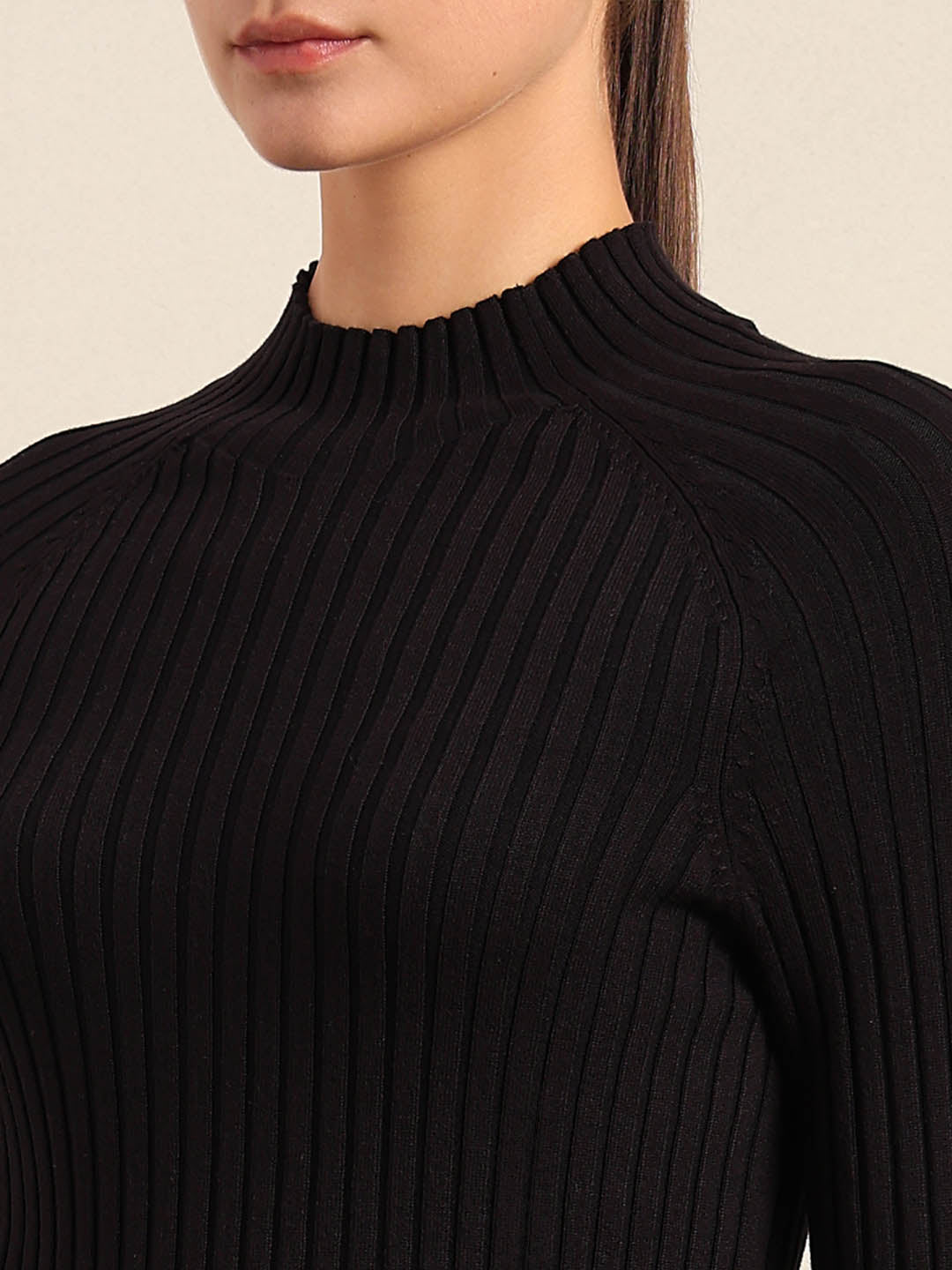 Black Ribbed Knit Fitted Top