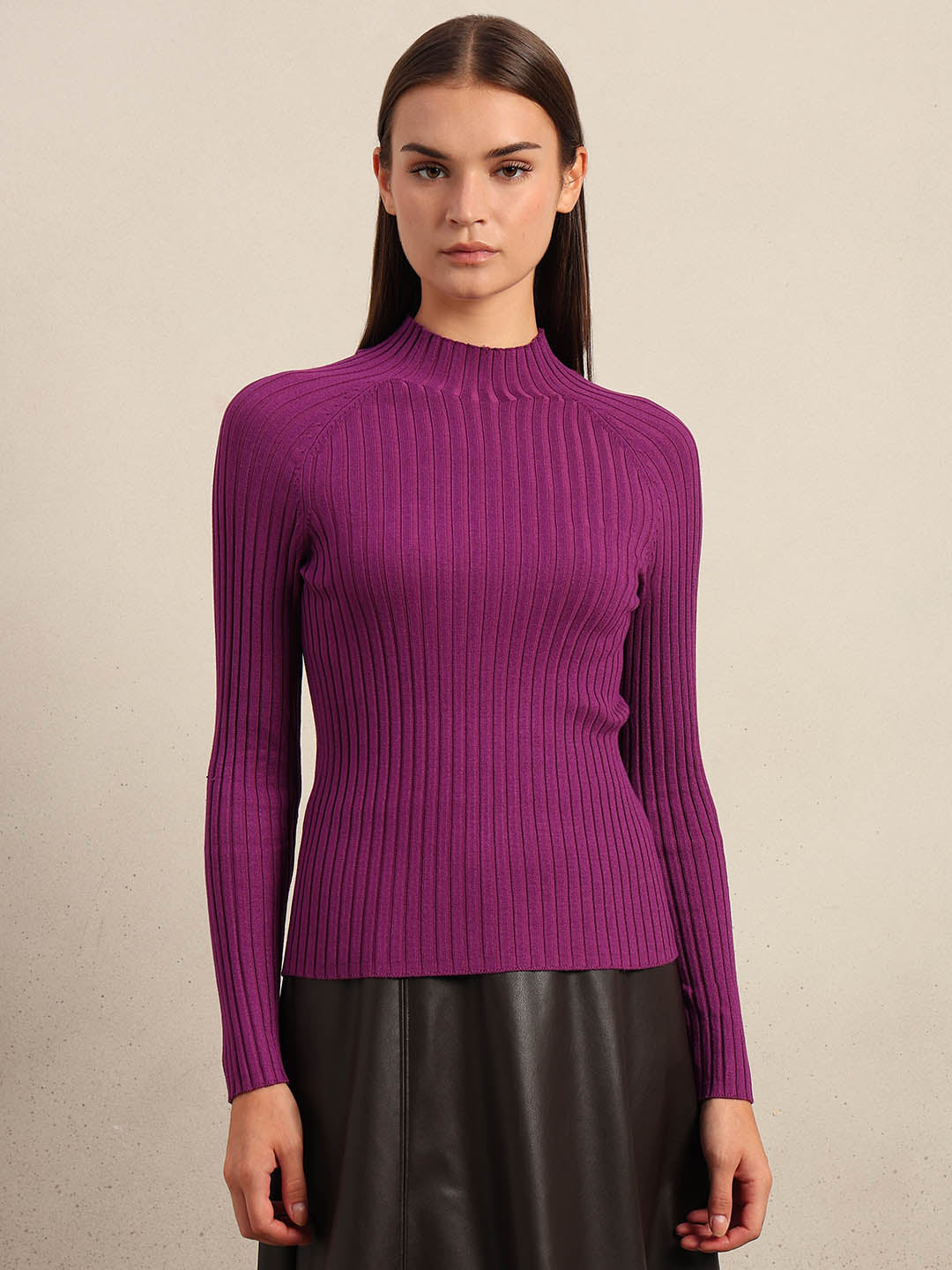 Purple Ribbed Knit Fitted Top