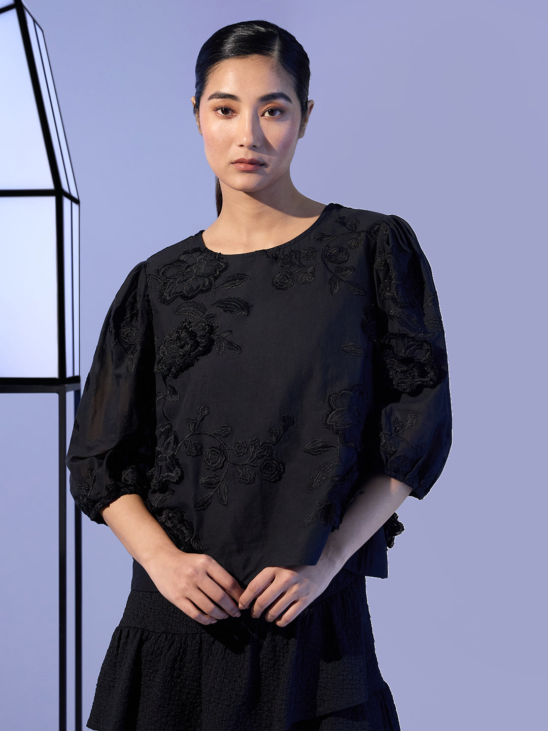 EDIT Embroidered Puff Sleeves Top