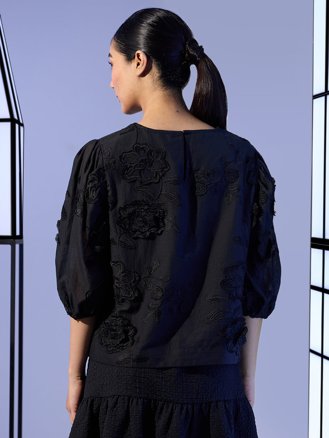 EDIT Embroidered Puff Sleeves Top