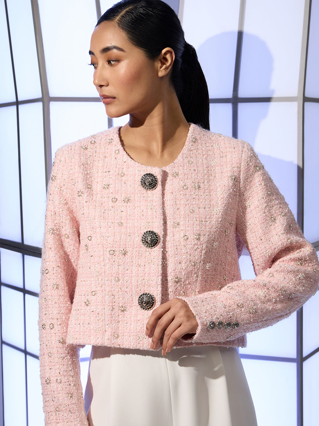 Pink Embellished Tweed Jacket