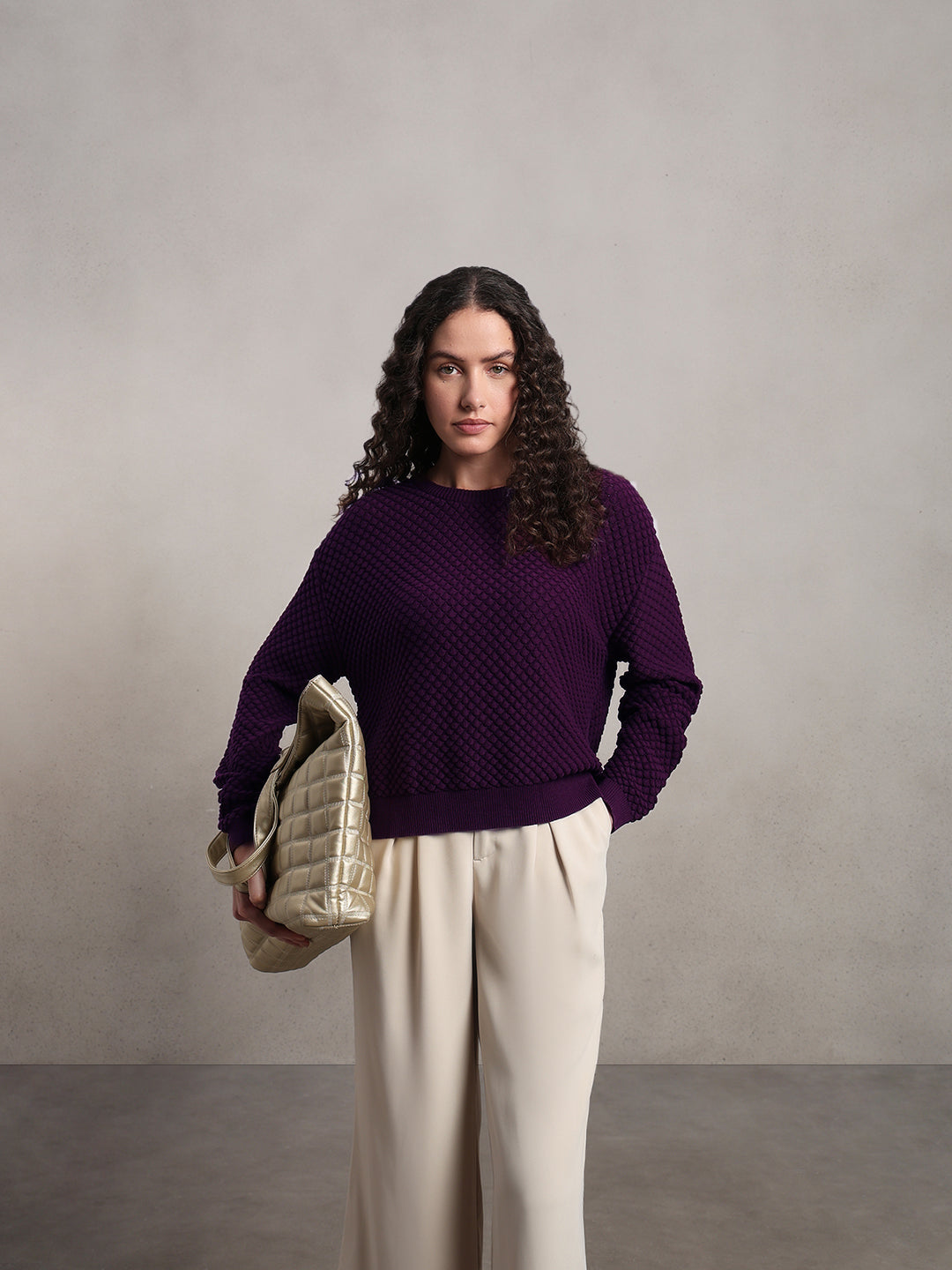Dark Purple Textured Cotton Pullover