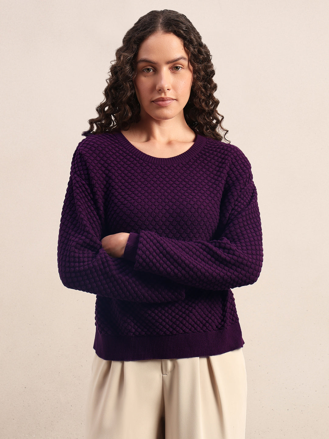 Dark Purple Textured Cotton Pullover