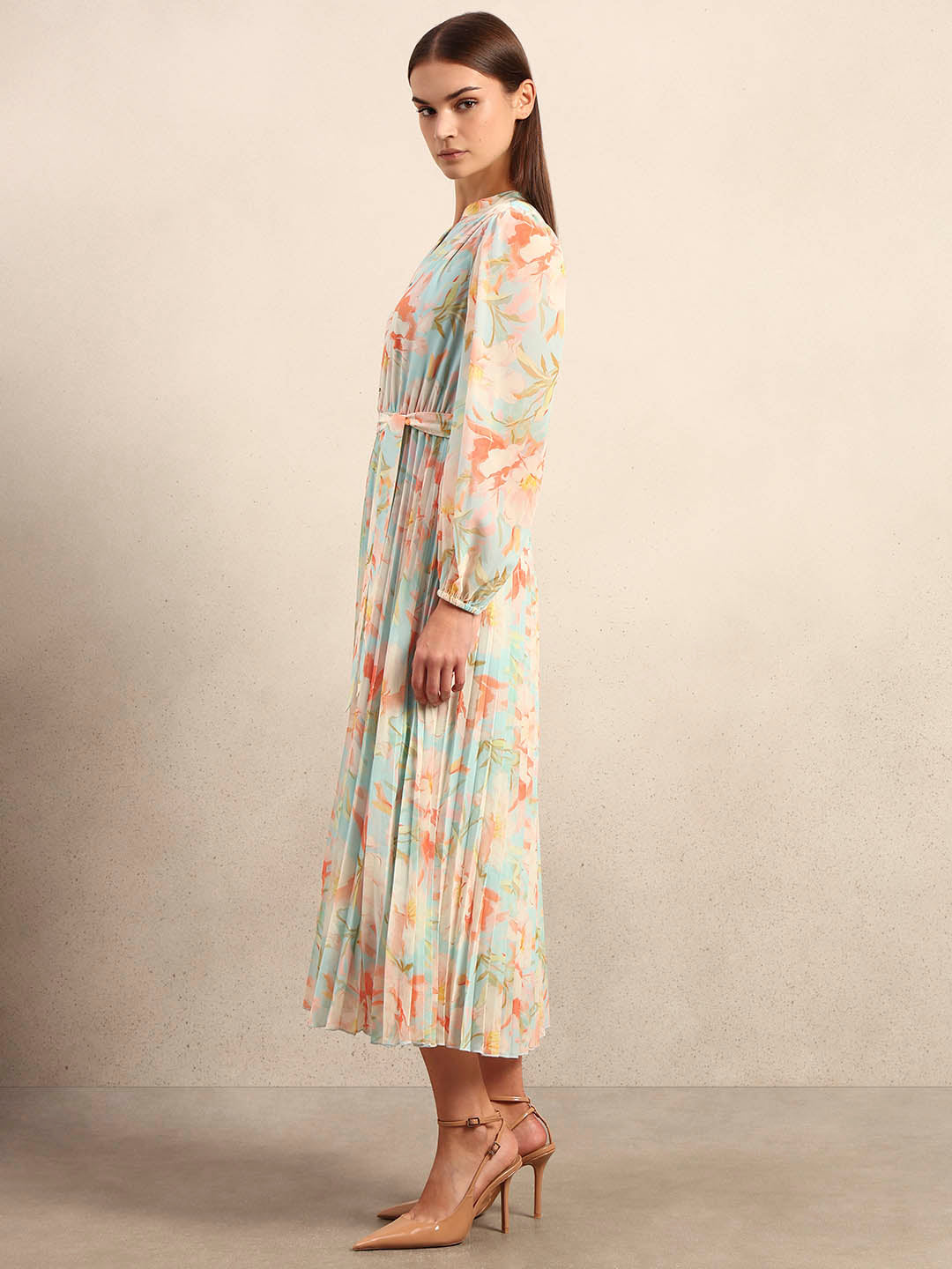 Floral Pleated Belted Dress