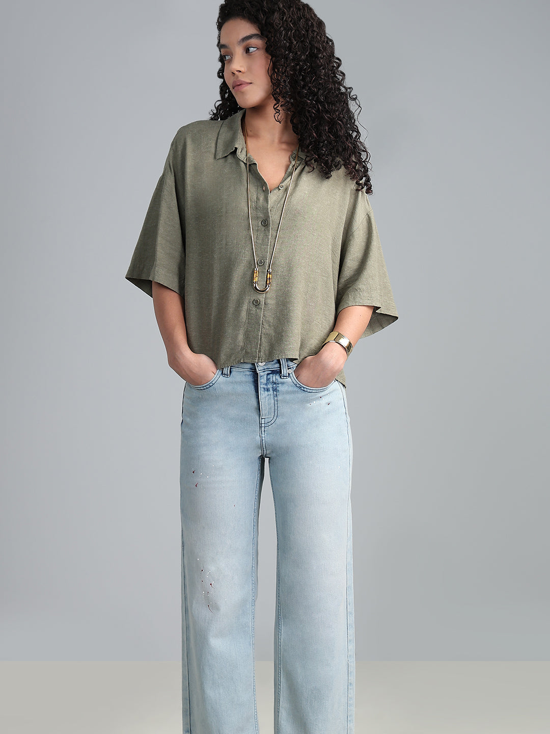 Linen Blend Short Sleeved Shirt - Green