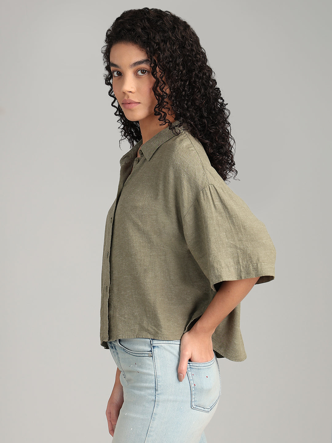 Linen Blend Short Sleeved Shirt - Green