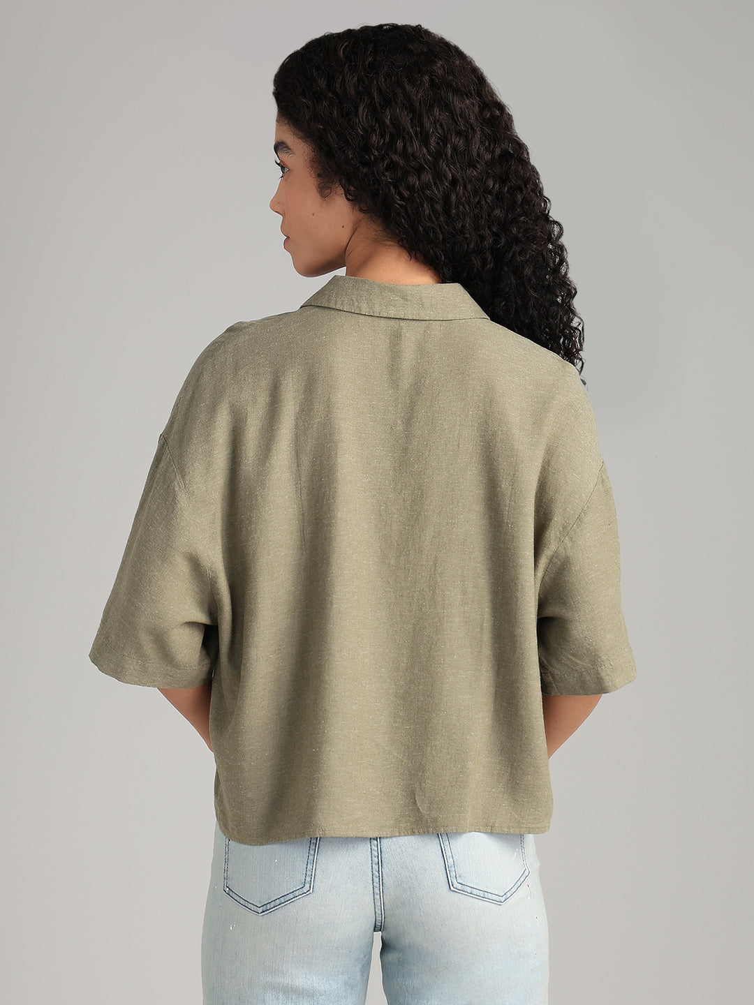 Linen Blend Short Sleeved Shirt - Green