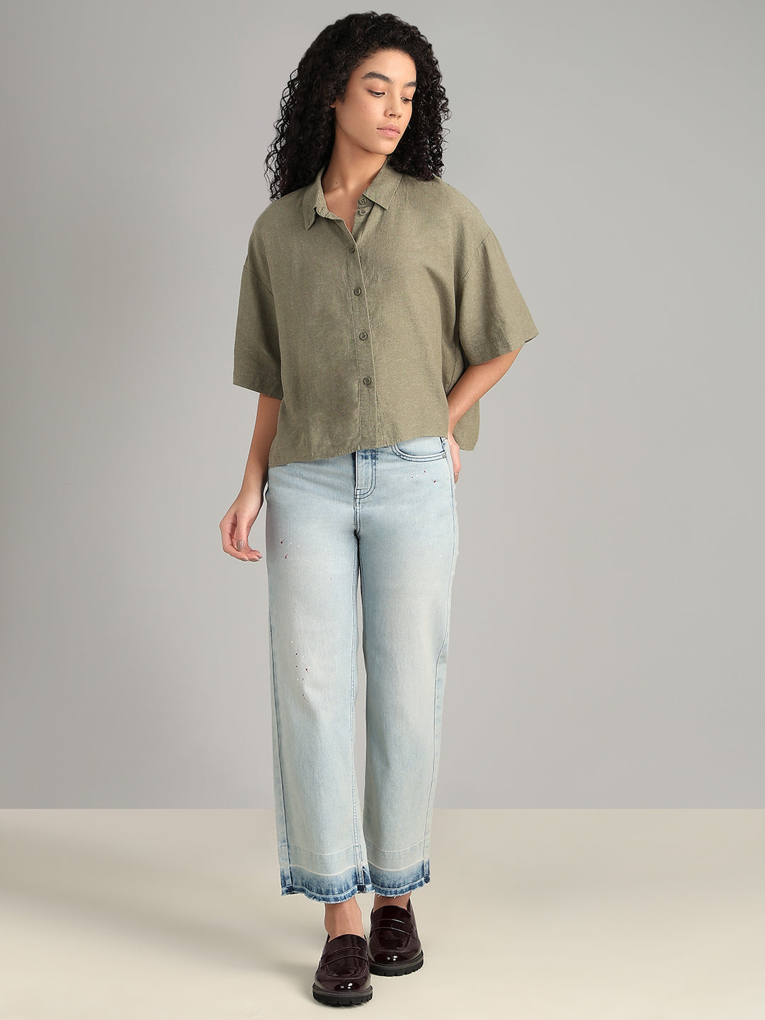 Linen Blend Short Sleeved Shirt - Green
