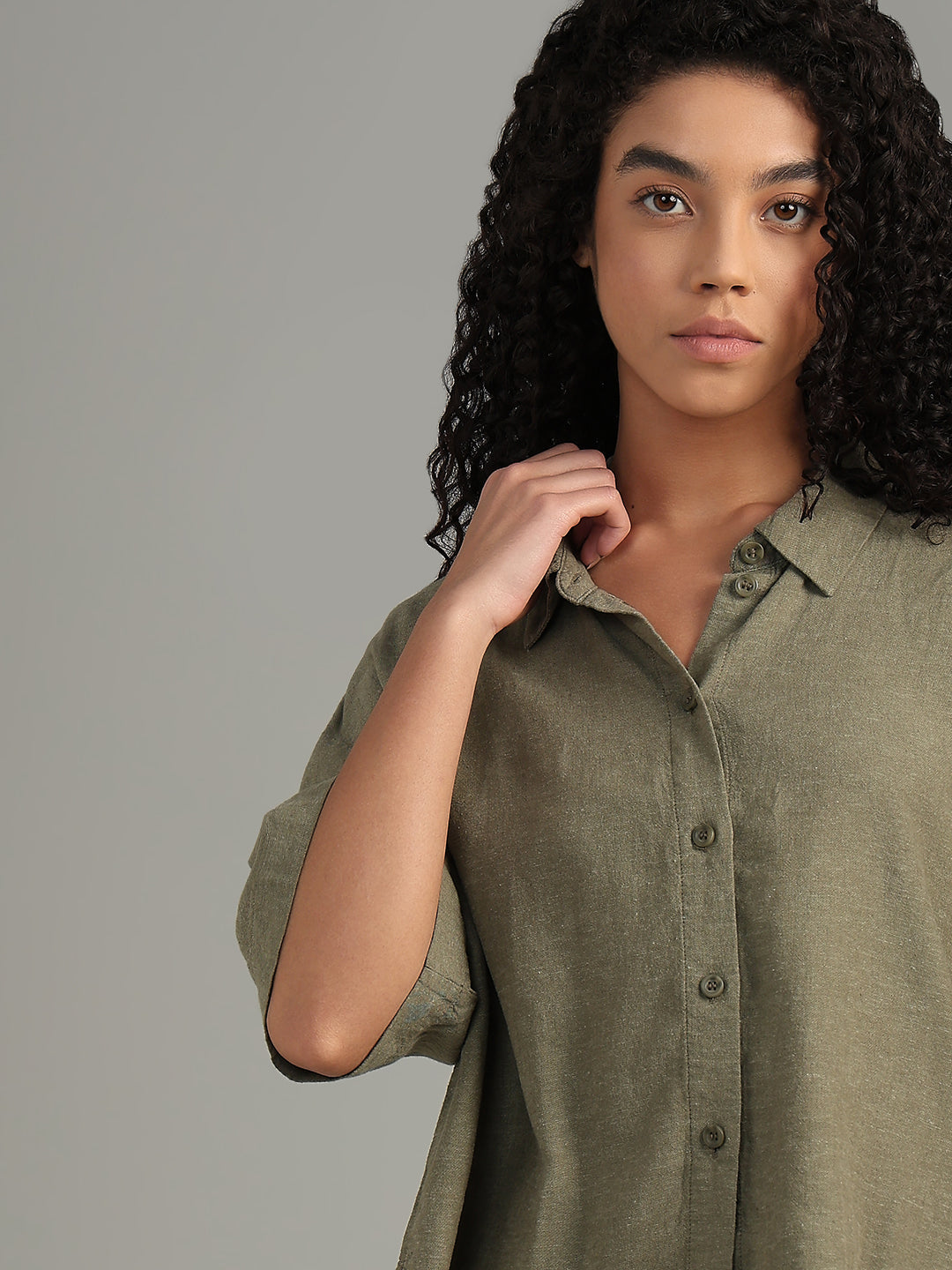 Linen Blend Short Sleeved Shirt - Green