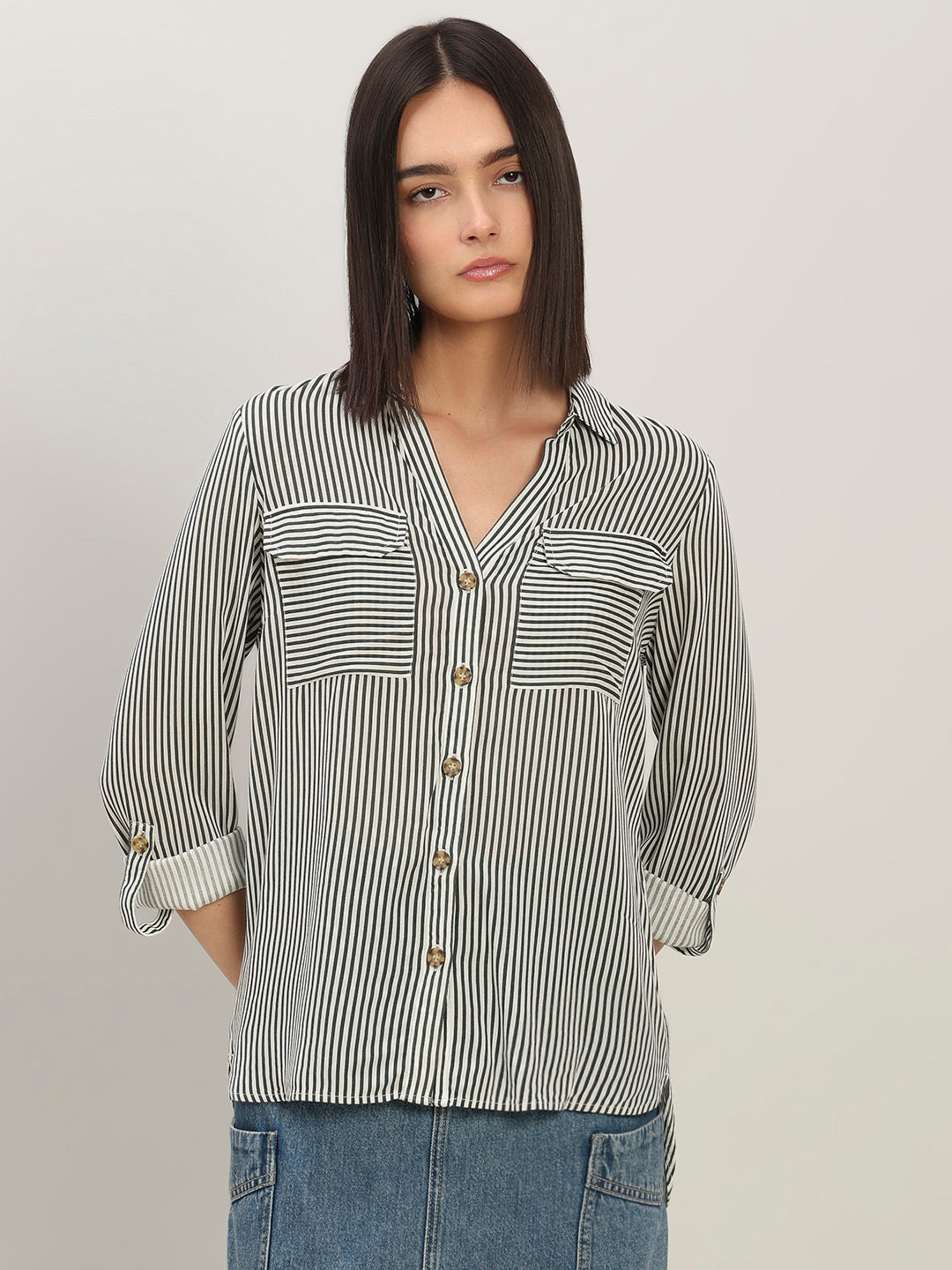 Striped Full Sleeves Shirt-White