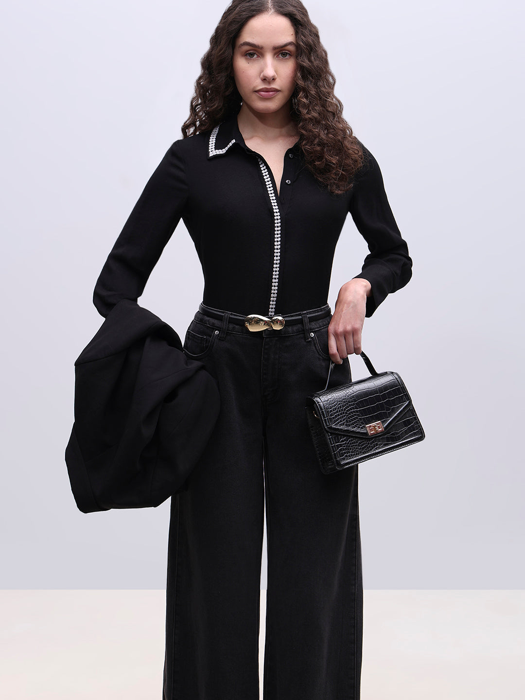 Embellished Trim Black Shirt - XS