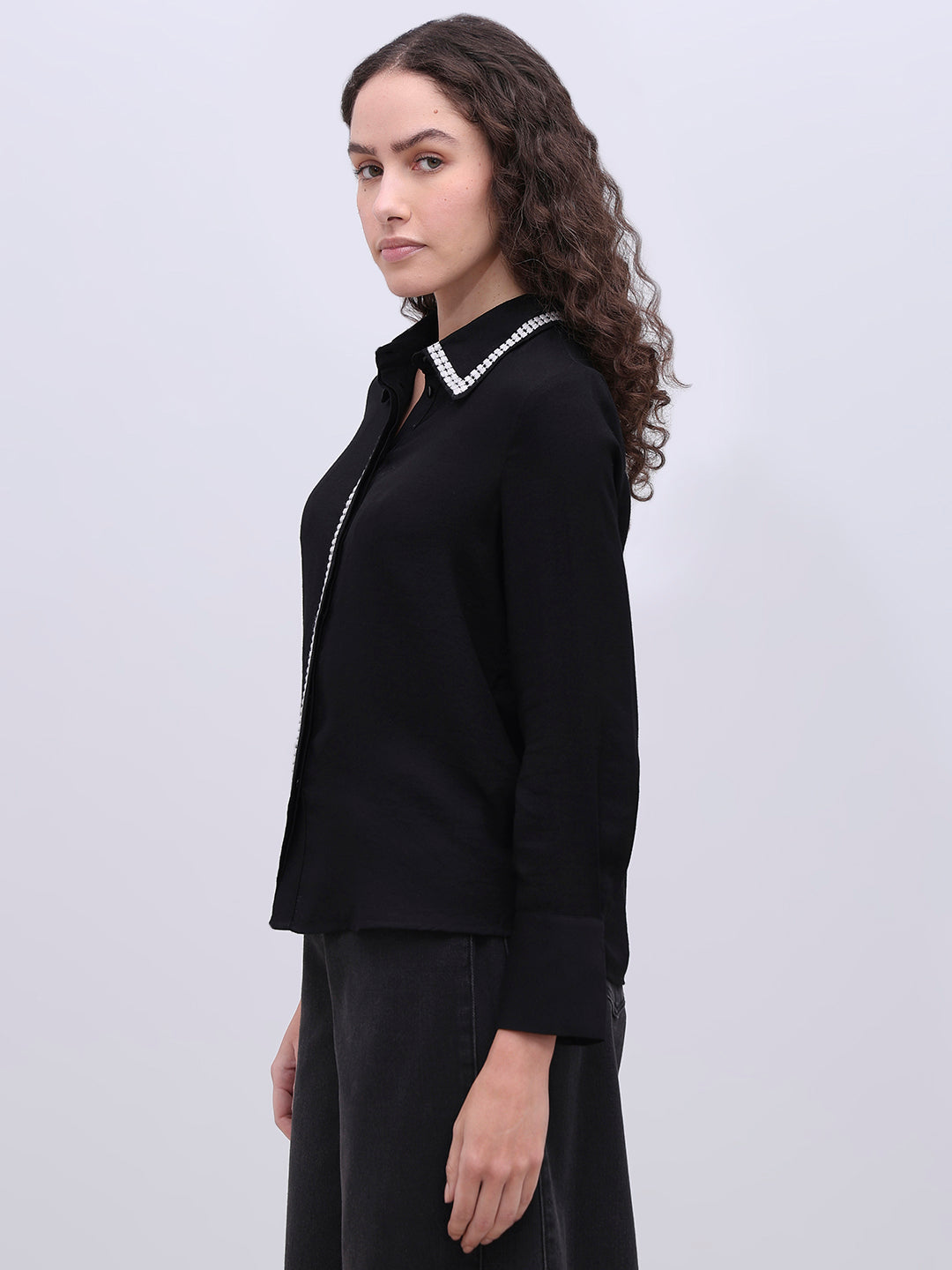 Embellished Trim Black Shirt