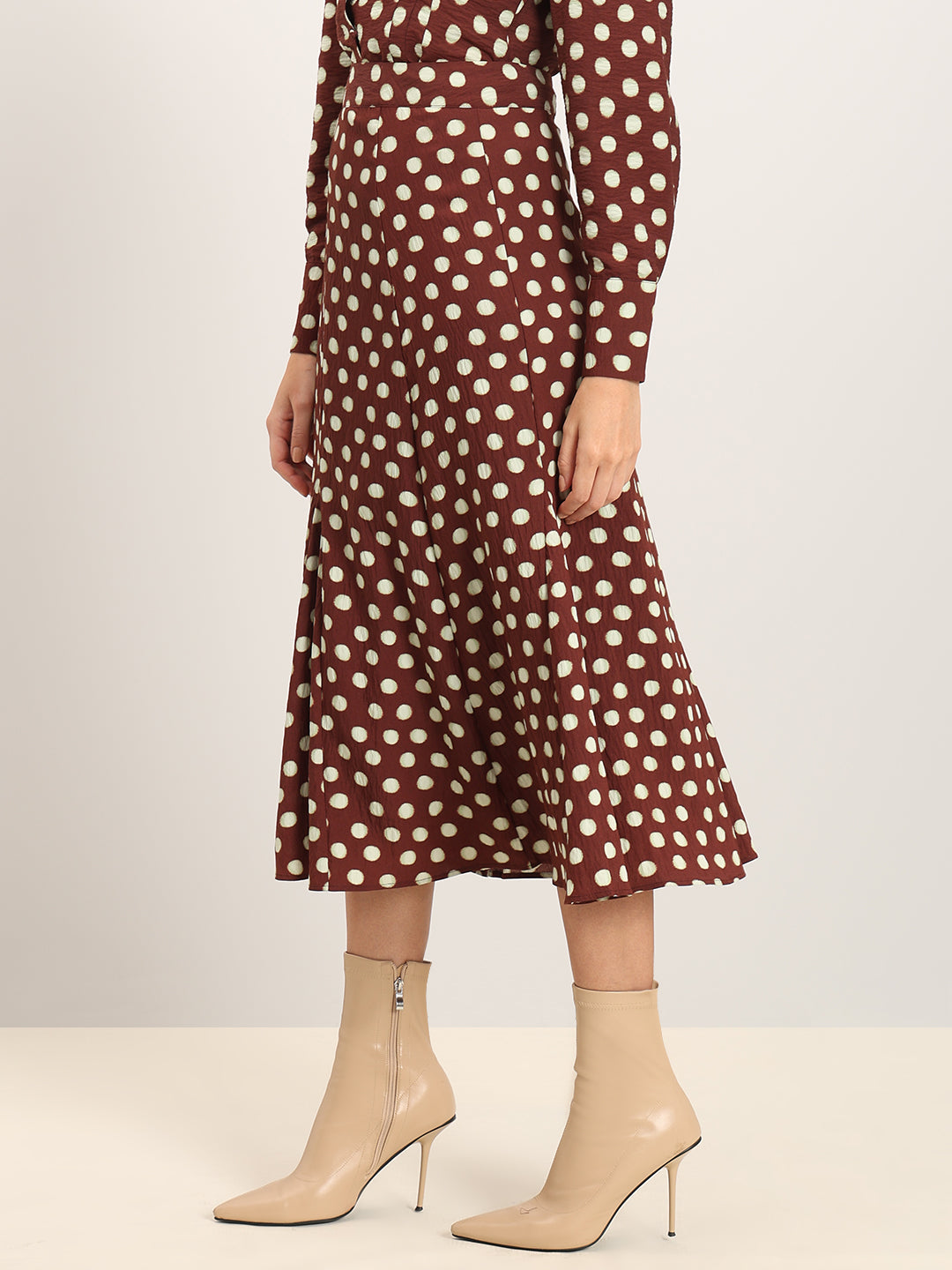 Brown Polka Dot Midi Skirt