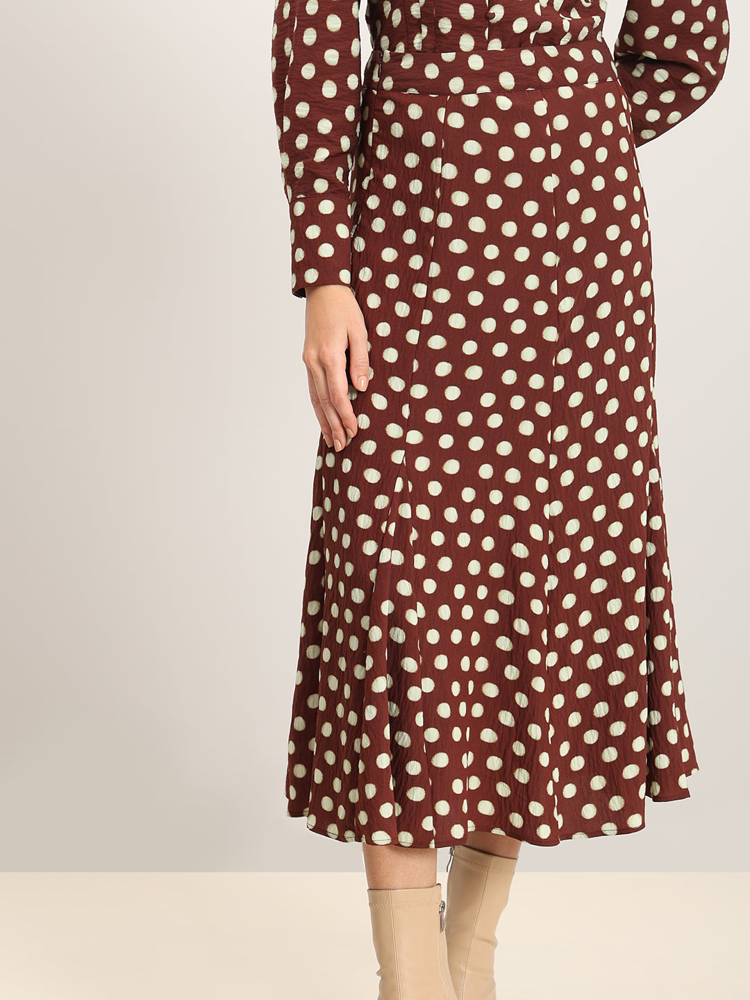 Brown Polka Dot Midi Skirt