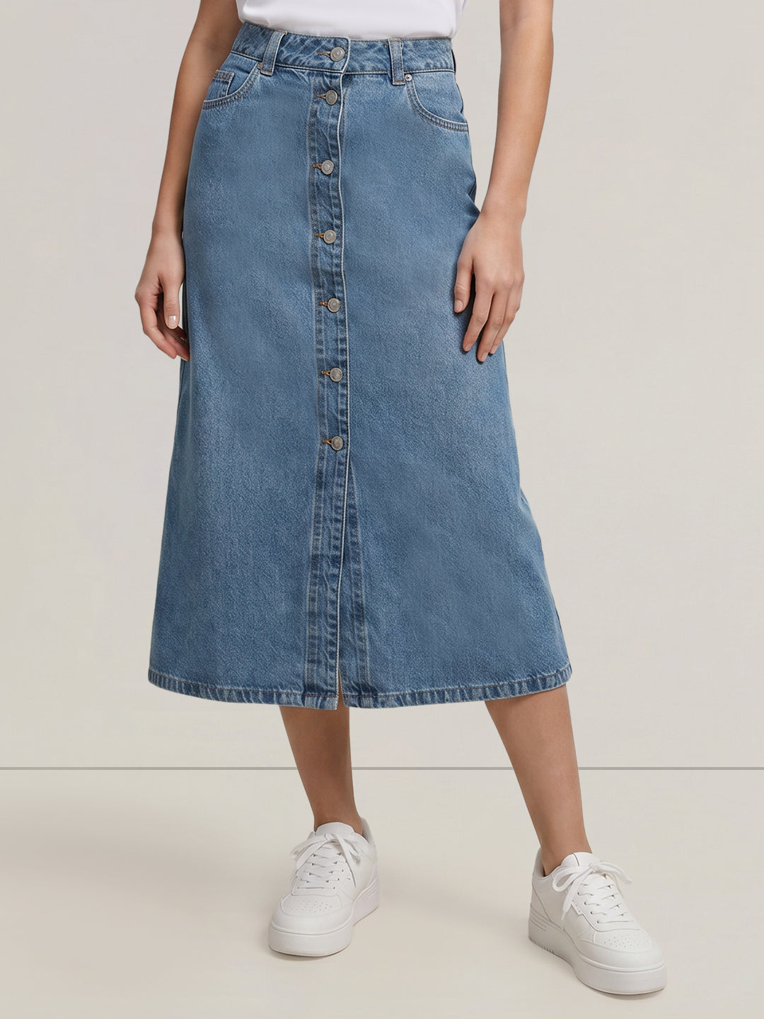 Blue Button-Front Denim Skirt