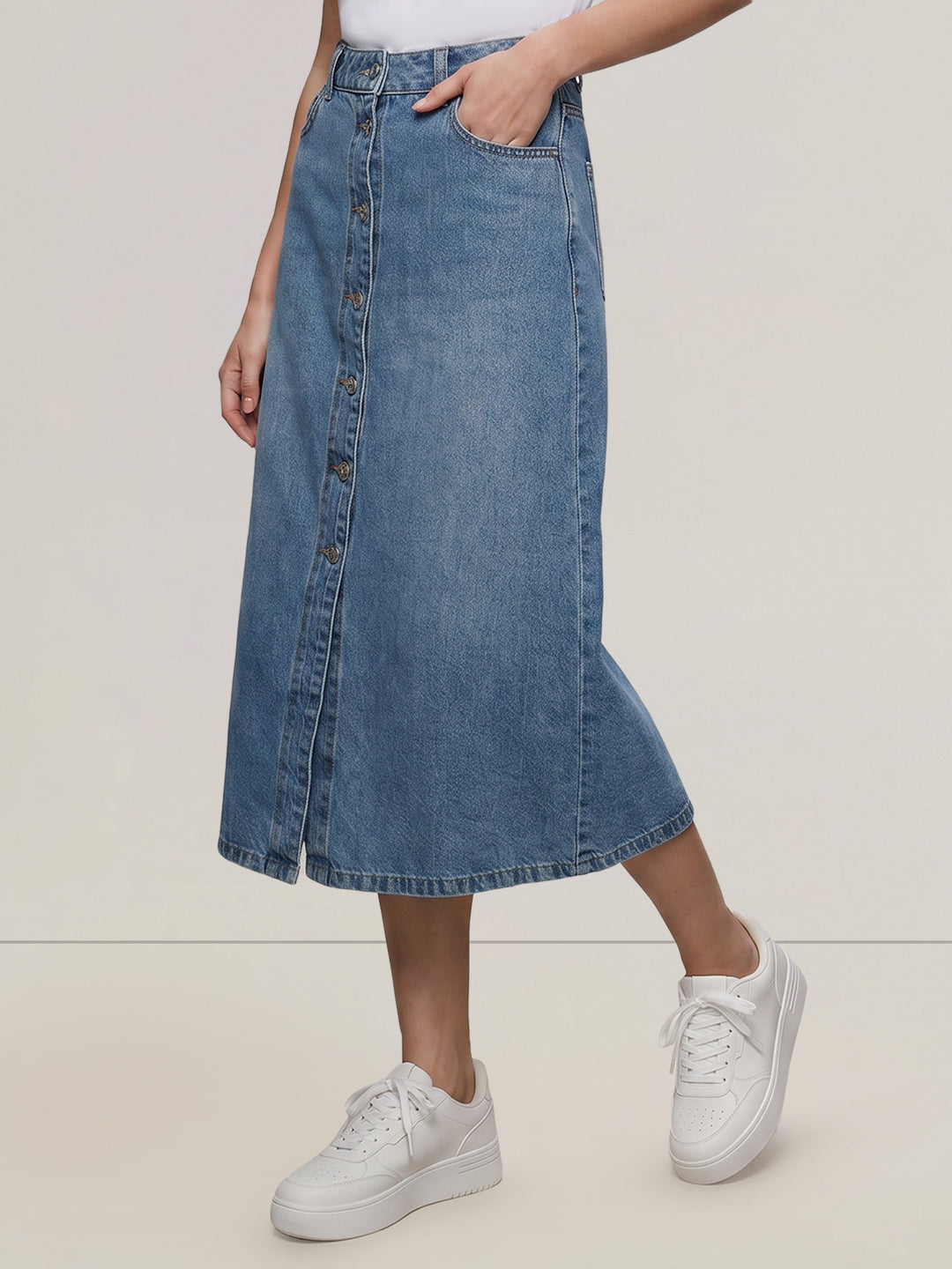 Blue Button-Front Denim Skirt