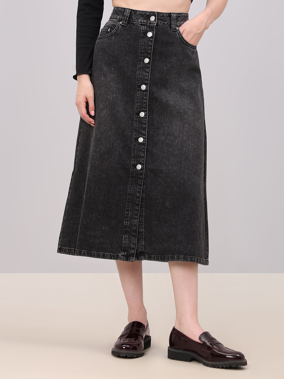 Black Button-Front Denim Skirt